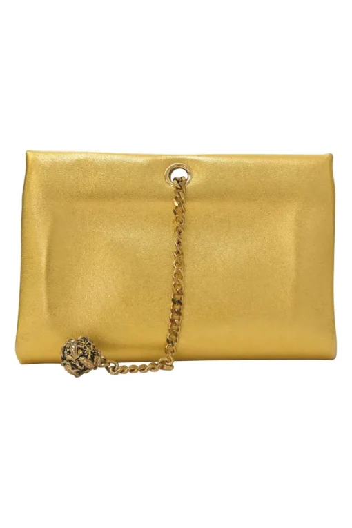 Gold foiled leather frog tassel clutch with gold-tone metallic hardware