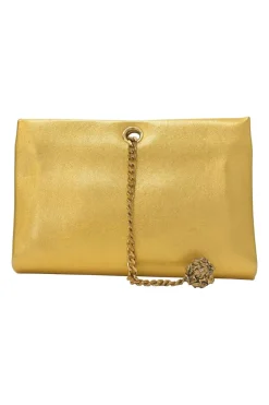 Gold foiled leather frog tassel clutch with gold-tone metallic hardware