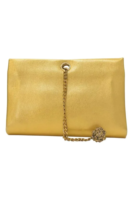 Gold foiled leather frog tassel clutch with gold-tone metallic hardware