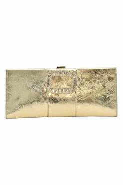 Gold foiled leather petit Pilgrim De Luxe buckle clutch with kiss lock fastening