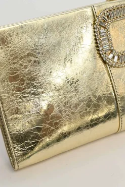 Gold foiled leather petit Pilgrim De Luxe buckle clutch with kiss lock fastening