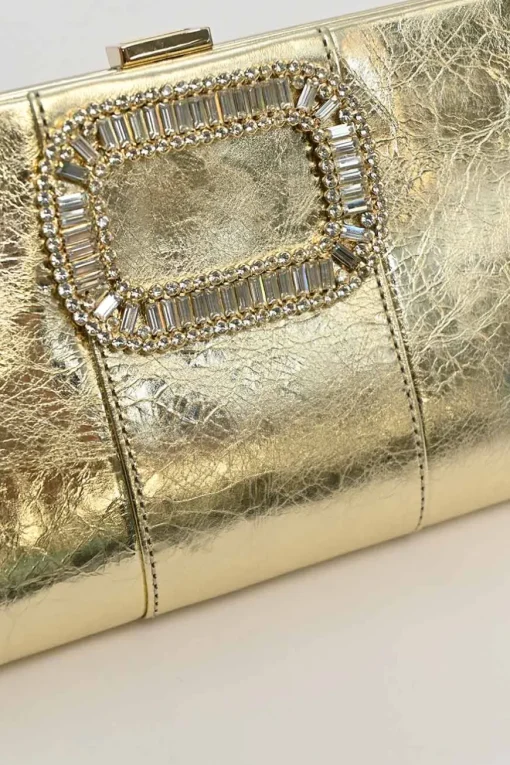Gold foiled leather petit Pilgrim De Luxe buckle clutch with kiss lock fastening