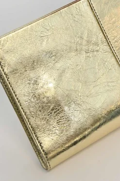 Gold foiled leather petit Pilgrim De Luxe buckle clutch with kiss lock fastening