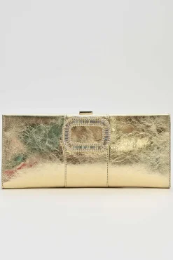 Gold foiled leather petit Pilgrim De Luxe buckle clutch with kiss lock fastening