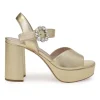 Gold foiled leather round-toe platform sandals with embellished buckle strap fastening