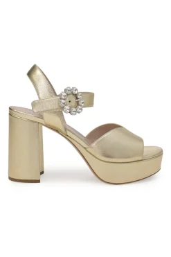 Gold foiled leather round-toe platform sandals with embellished buckle strap fastening