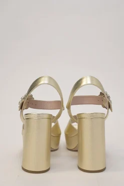 Gold foiled leather round-toe platform sandals with embellished buckle strap fastening