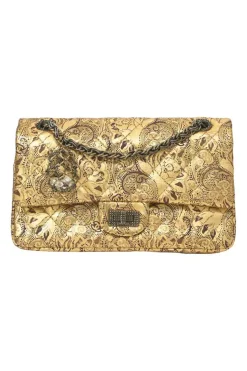 Gold laser-cut brocade print matelassé lambskin 2.55 Double Flap shoulder bag with gold-tone hardware and faux-pearl caged egg charm
