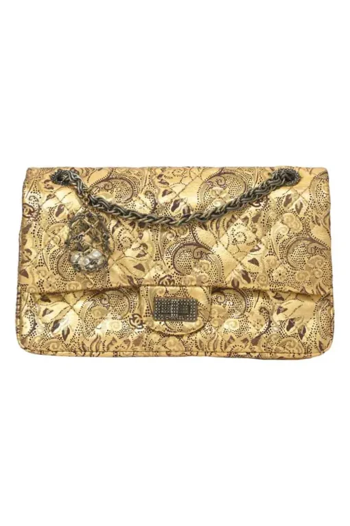 Gold laser-cut brocade print matelassé lambskin 2.55 Double Flap shoulder bag with gold-tone hardware and faux-pearl caged egg charm