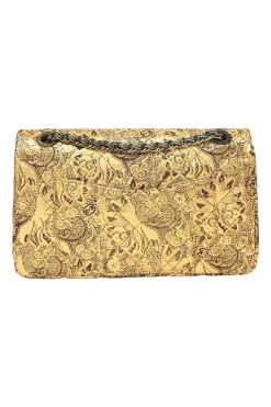 Gold laser-cut brocade print matelassé lambskin 2.55 Double Flap shoulder bag with gold-tone hardware and faux-pearl caged egg charm