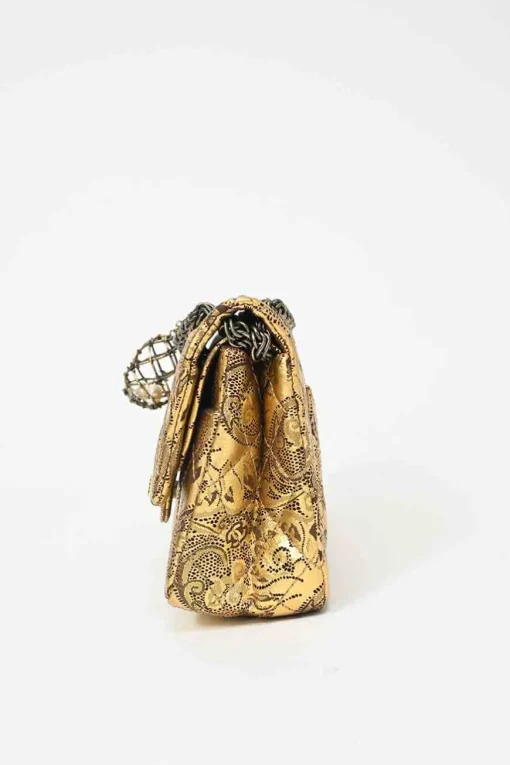 Gold laser-cut brocade print matelassé lambskin 2.55 Double Flap shoulder bag with gold-tone hardware and faux-pearl caged egg charm