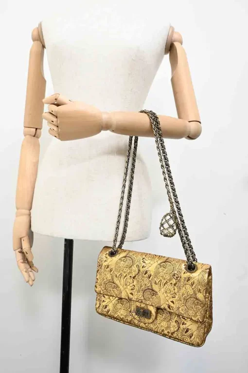 Gold laser-cut brocade print matelassé lambskin 2.55 Double Flap shoulder bag with gold-tone hardware and faux-pearl caged egg charm