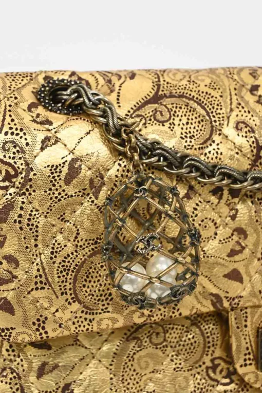 Gold laser-cut brocade print matelassé lambskin 2.55 Double Flap shoulder bag with gold-tone hardware and faux-pearl caged egg charm