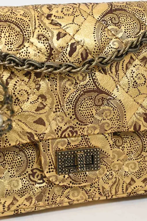 Gold laser-cut brocade print matelassé lambskin 2.55 Double Flap shoulder bag with gold-tone hardware and faux-pearl caged egg charm
