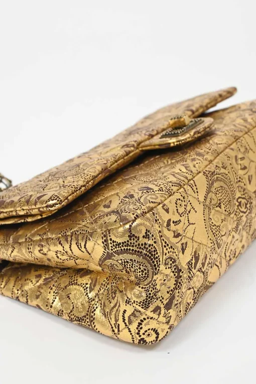 Gold laser-cut brocade print matelassé lambskin 2.55 Double Flap shoulder bag with gold-tone hardware and faux-pearl caged egg charm