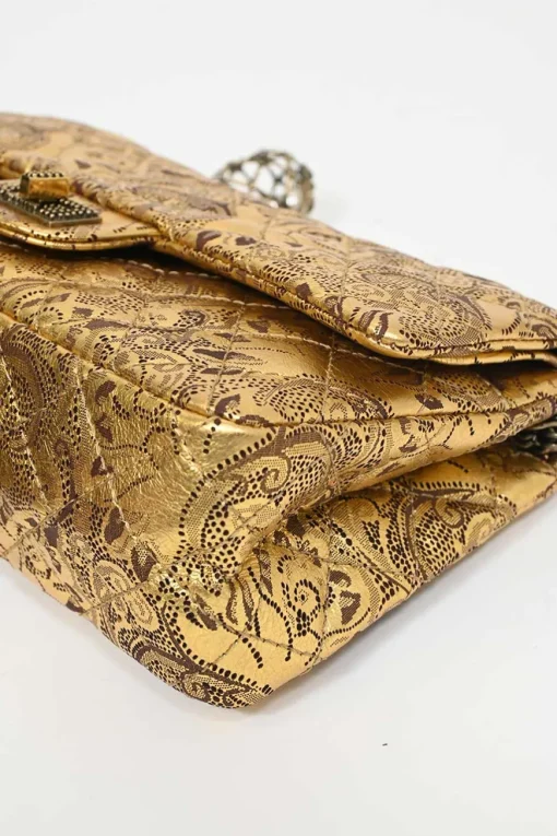 Gold laser-cut brocade print matelassé lambskin 2.55 Double Flap shoulder bag with gold-tone hardware and faux-pearl caged egg charm