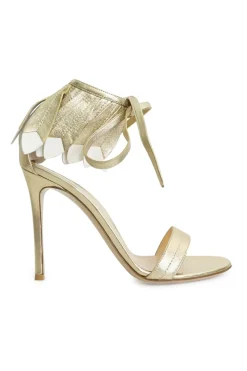 Gold leather ankle tie heeled sandals and feather trim