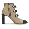 Gold leather round-toe faux pearl-embellished caged booties with contrasting cap toe
