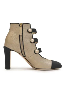 Gold leather round-toe faux pearl-embellished caged booties with contrasting cap toe