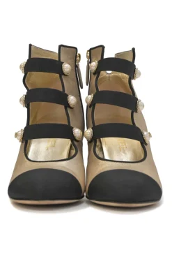 Gold leather round-toe faux pearl-embellished caged booties with contrasting cap toe