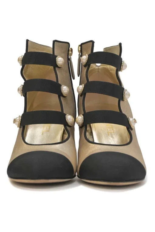 Gold leather round-toe faux pearl-embellished caged booties with contrasting cap toe