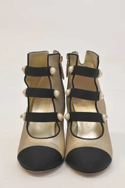 Gold leather round-toe faux pearl-embellished caged booties with contrasting cap toe