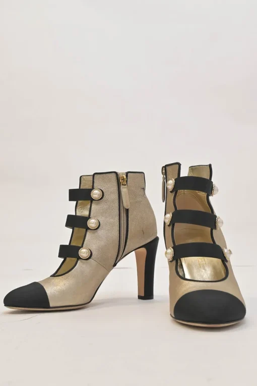 Gold leather round-toe faux pearl-embellished caged booties with contrasting cap toe