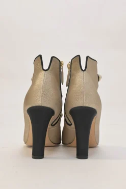Gold leather round-toe faux pearl-embellished caged booties with contrasting cap toe