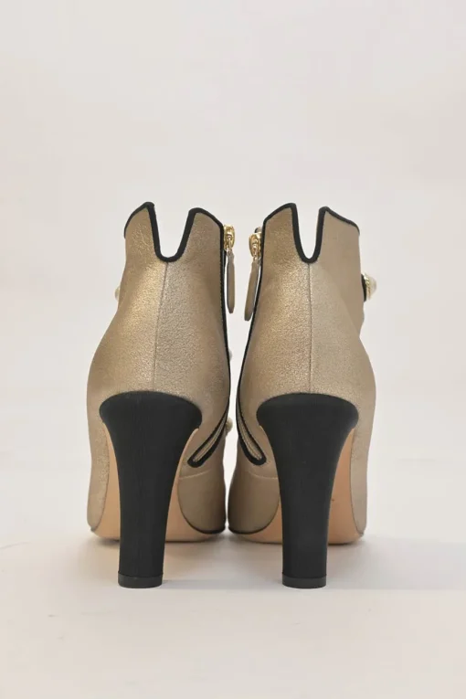Gold leather round-toe faux pearl-embellished caged booties with contrasting cap toe