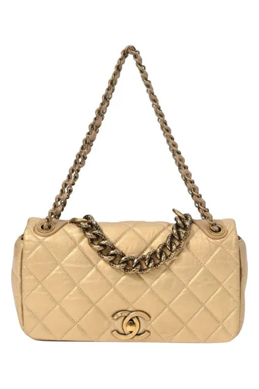 Gold matelassé crinkle lambskin leather Pondicherry Large Flap bag