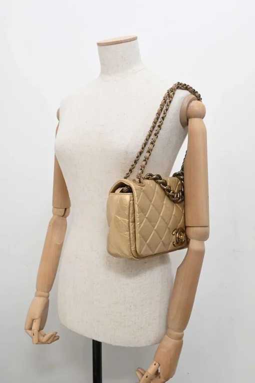 Gold matelassé crinkle lambskin leather Pondicherry Large Flap bag