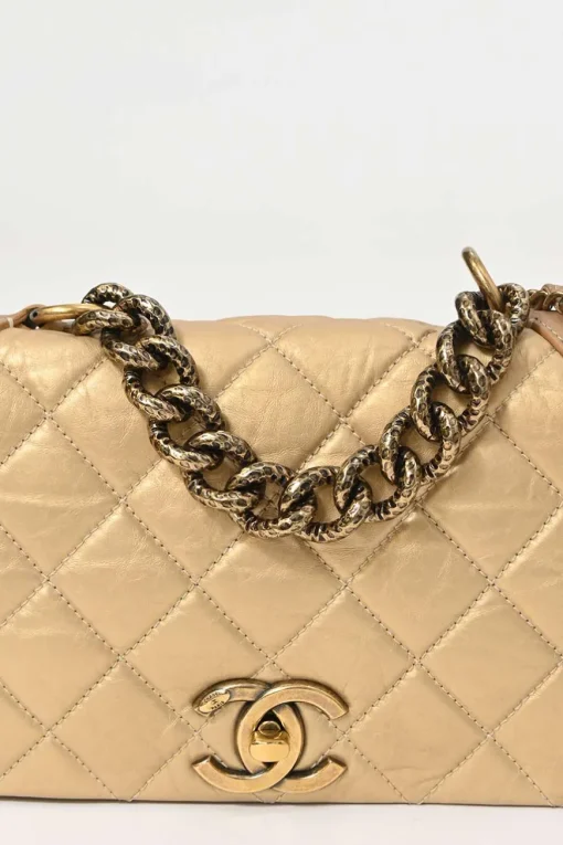 Gold matelassé crinkle lambskin leather Pondicherry Large Flap bag