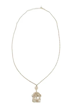 Gold metal with crystals and white resin pearls logo bird cage necklace