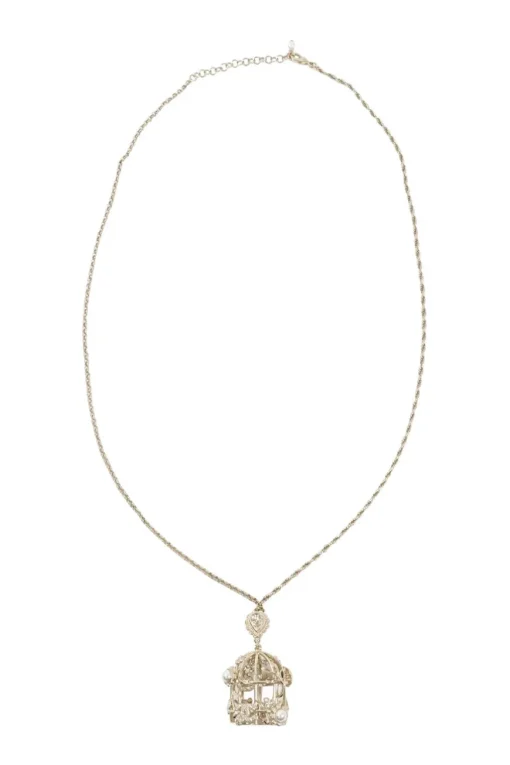 Gold metal with crystals and white resin pearls logo bird cage necklace