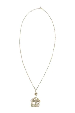 Gold metal with crystals and white resin pearls logo bird cage necklace