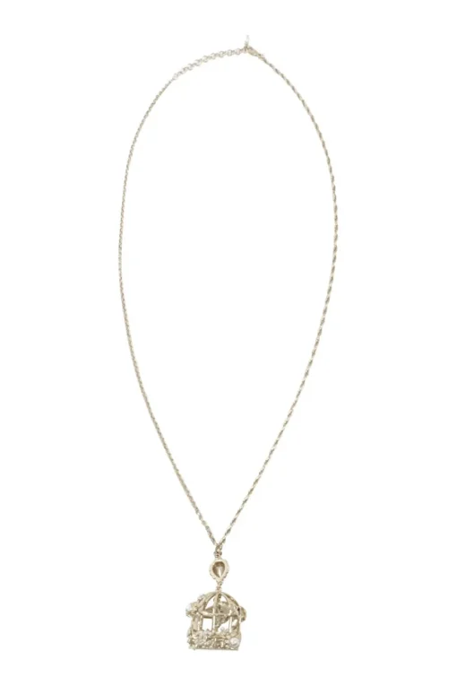 Gold metal with crystals and white resin pearls logo bird cage necklace