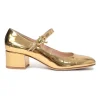 Gold mirrored calfskin leather Mary Ribbon Mary Jane pumps with buckle strap fastening at instep