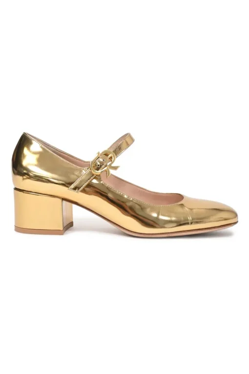 Gold mirrored calfskin leather Mary Ribbon Mary Jane pumps with buckle strap fastening at instep
