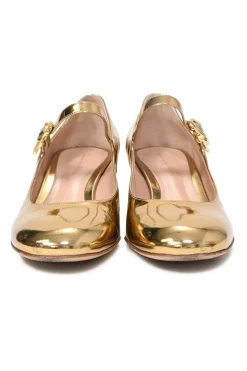 Gold mirrored calfskin leather Mary Ribbon Mary Jane pumps with buckle strap fastening at instep