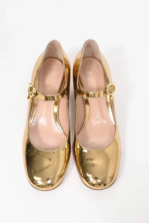 Gold mirrored calfskin leather Mary Ribbon Mary Jane pumps with buckle strap fastening at instep