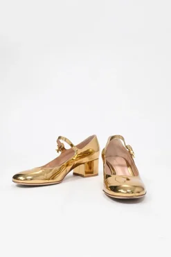 Gold mirrored calfskin leather Mary Ribbon Mary Jane pumps with buckle strap fastening at instep