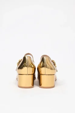 Gold mirrored calfskin leather Mary Ribbon Mary Jane pumps with buckle strap fastening at instep