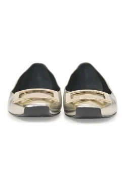 Gold mirrored leather Trompette square-toe buckle ballerinas