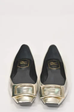 Gold mirrored leather Trompette square-toe buckle ballerinas