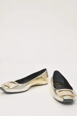 Gold mirrored leather Trompette square-toe buckle ballerinas