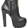 Gold Safety Pin Black Leather High Heel Ankle Boot