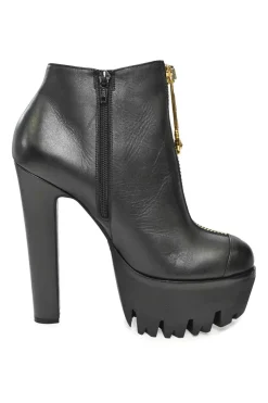 Gold Safety Pin Black Leather High Heel Ankle Boot