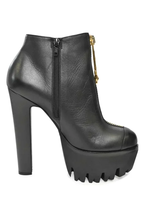 Gold Safety Pin Black Leather High Heel Ankle Boot