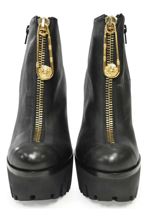 Gold Safety Pin Black Leather High Heel Ankle Boot