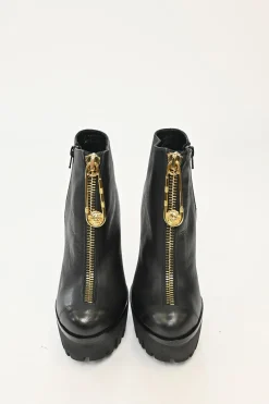Gold Safety Pin Black Leather High Heel Ankle Boot